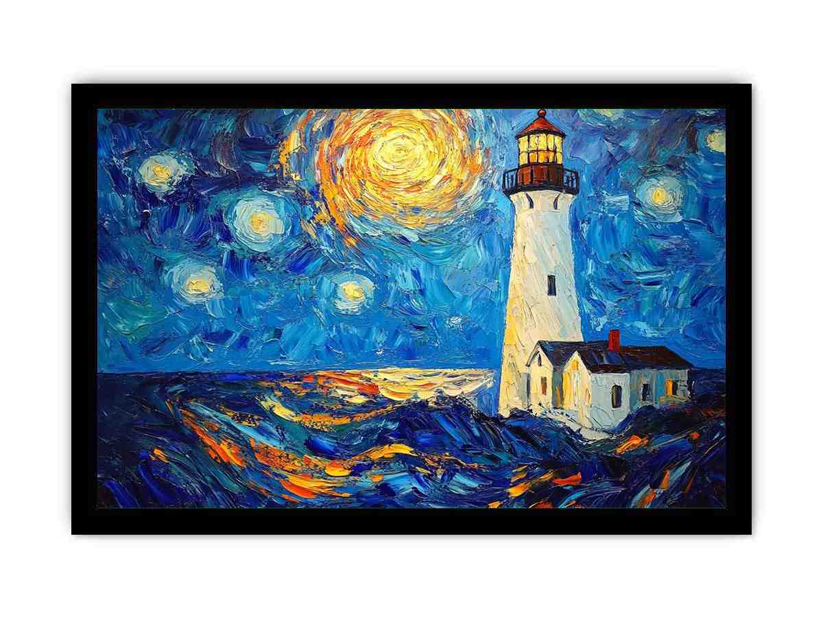 Coastal lighthouse Canvas Print with starry moonlit sky and ocean waves