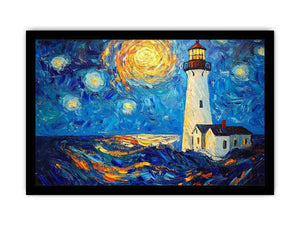 Coastal lighthouse Canvas Print with starry moonlit sky and ocean waves