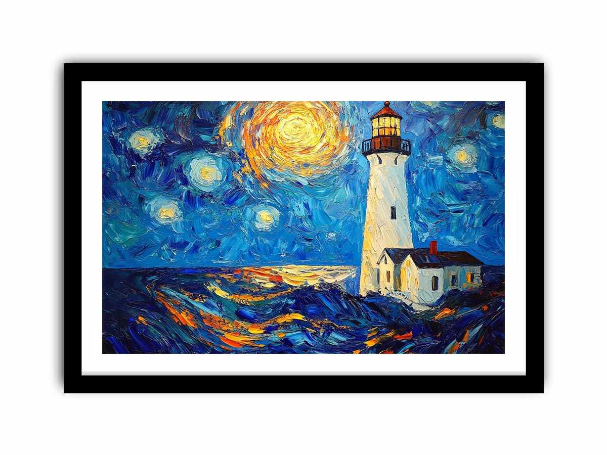 Coastal lighthouse Canvas Print with starry moonlit sky and ocean waves