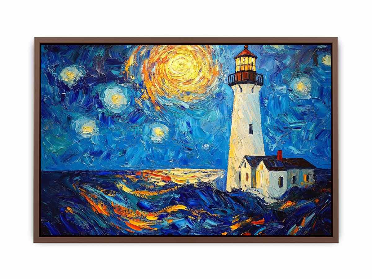 Coastal lighthouse Canvas Print with starry moonlit sky and ocean waves