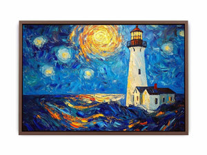 Coastal lighthouse Canvas Print with starry moonlit sky and ocean waves