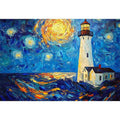 Coastal lighthouse Canvas Print with starry moonlit sky and ocean waves