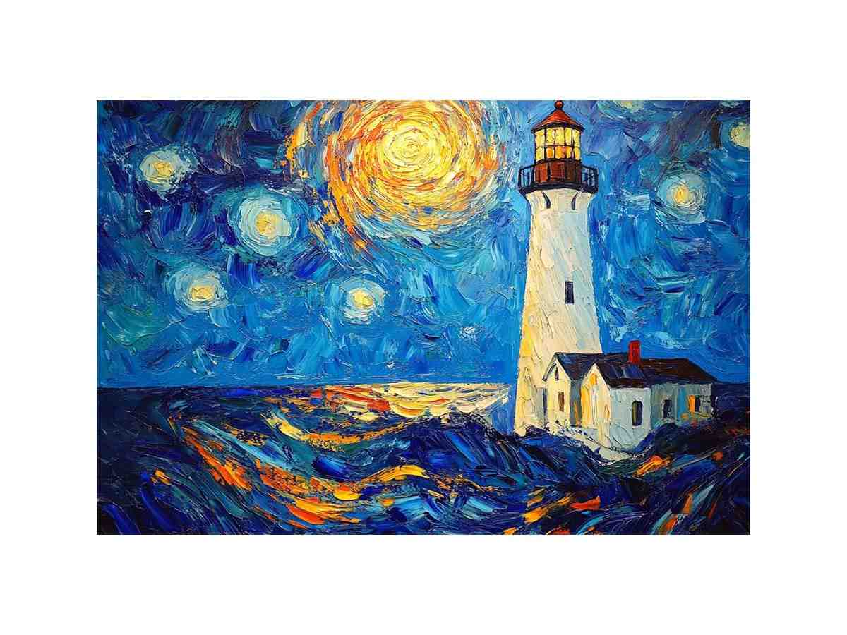 Coastal lighthouse Canvas Print with starry moonlit sky and ocean waves