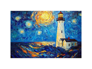 Coastal lighthouse Canvas Print with starry moonlit sky and ocean waves