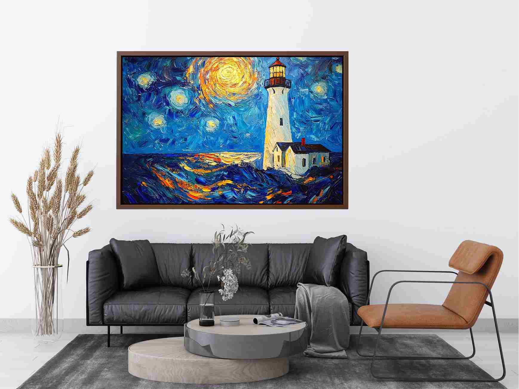 Coastal lighthouse Canvas Print with starry moonlit sky and ocean waves