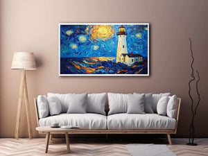 Coastal lighthouse Canvas Print with starry moonlit sky and ocean waves