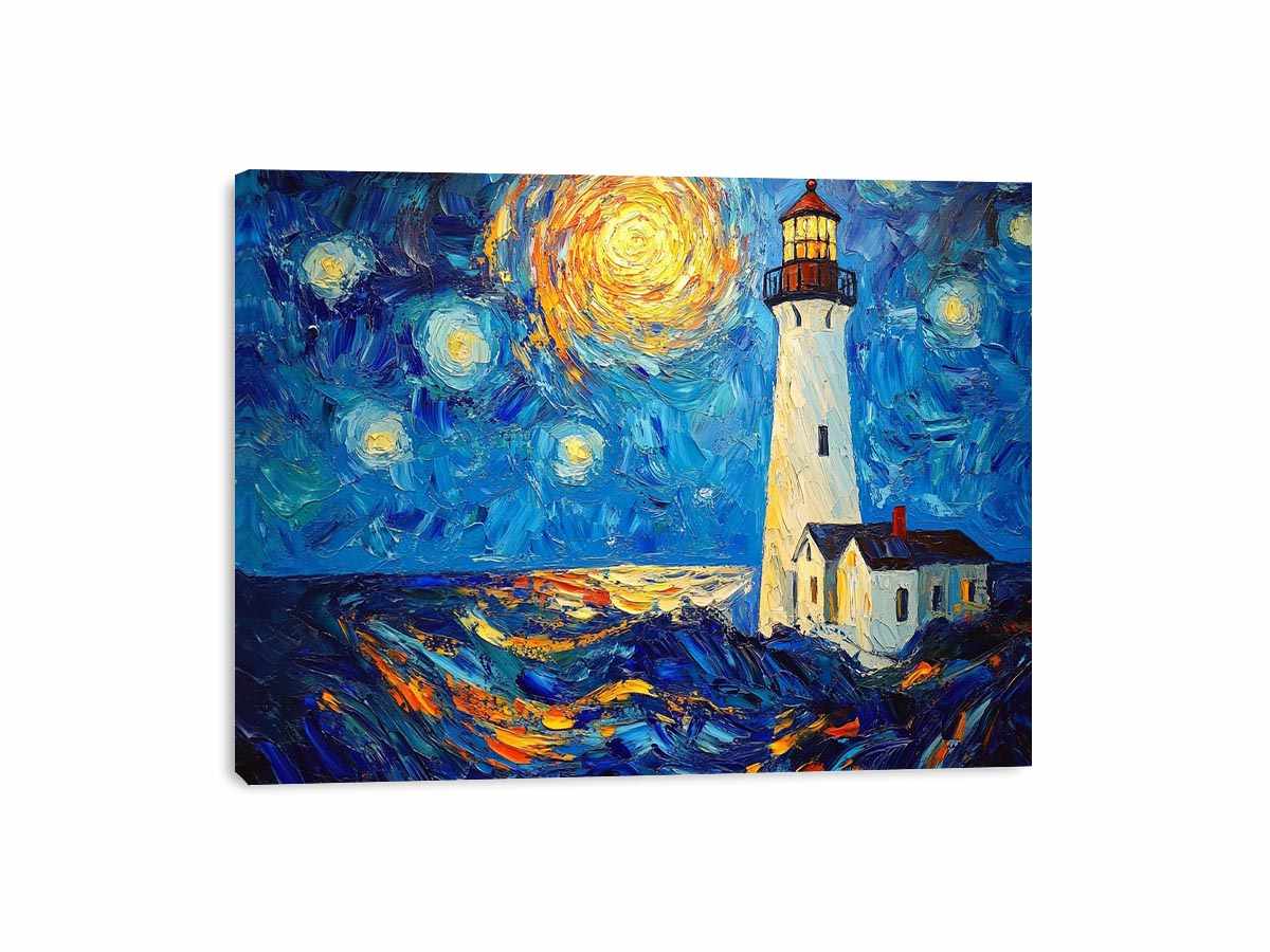 Coastal lighthouse Canvas Print with starry moonlit sky and ocean waves