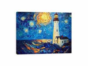 Coastal lighthouse Canvas Print with starry moonlit sky and ocean waves