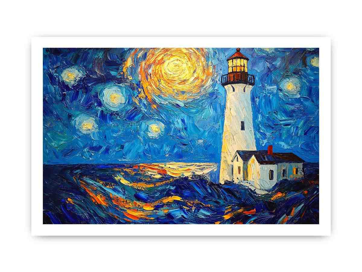 Coastal lighthouse Canvas Print with starry moonlit sky and ocean waves