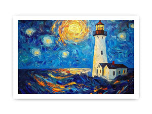 Coastal lighthouse Canvas Print with starry moonlit sky and ocean waves