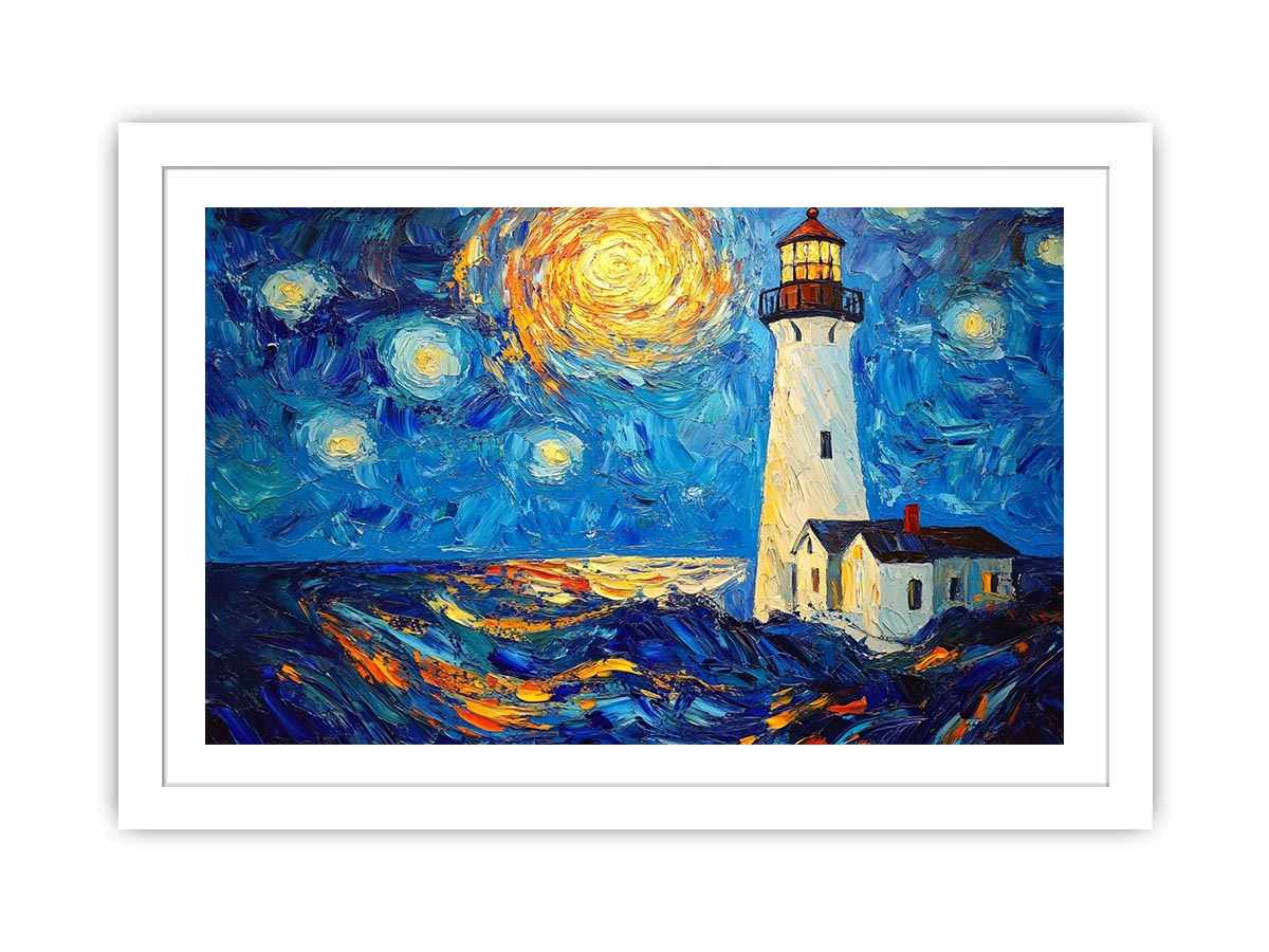 Coastal lighthouse Canvas Print with starry moonlit sky and ocean waves
