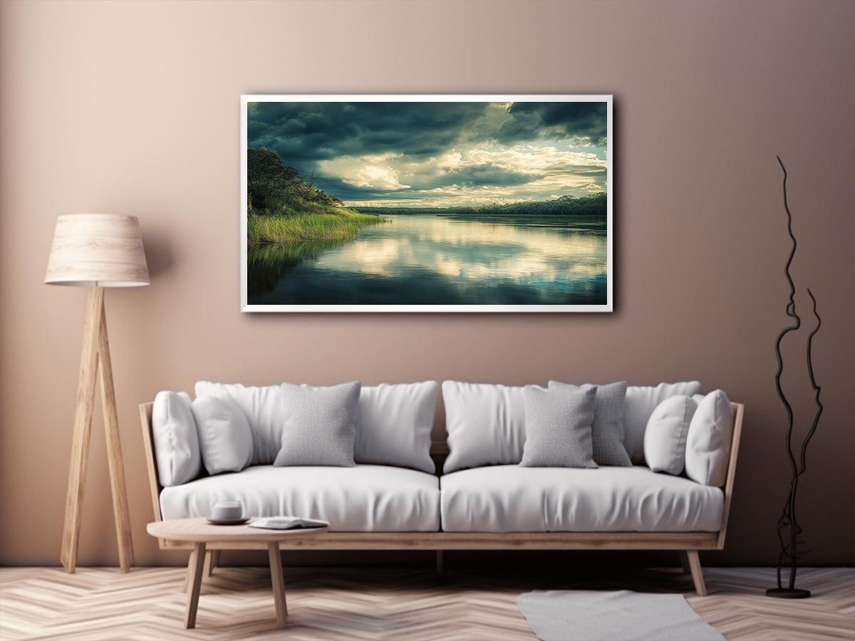 Moody lake Canvas Print with dramatic clouds and reflections