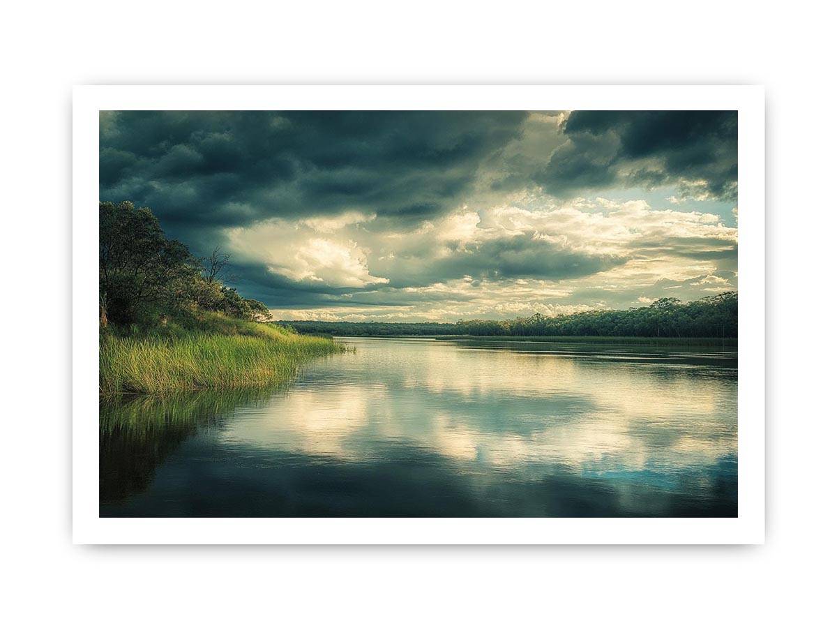 Moody lake Canvas Print with dramatic clouds and reflections