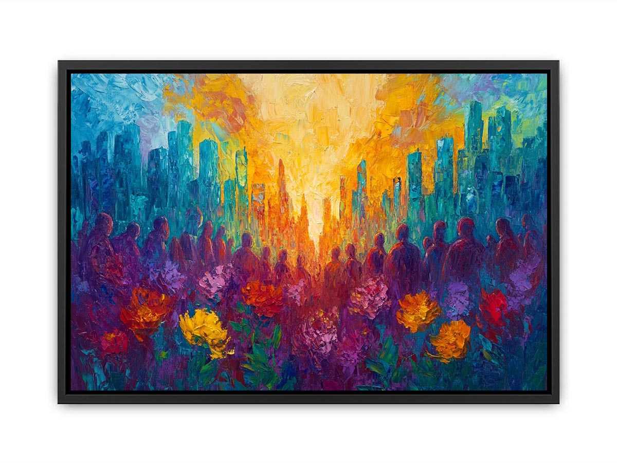 Colorful cityscape floral Canvas Print with silhouettes