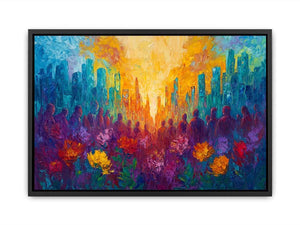 Colorful cityscape floral Canvas Print with silhouettes