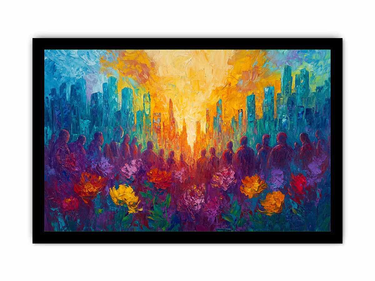 Colorful cityscape floral Canvas Print with silhouettes