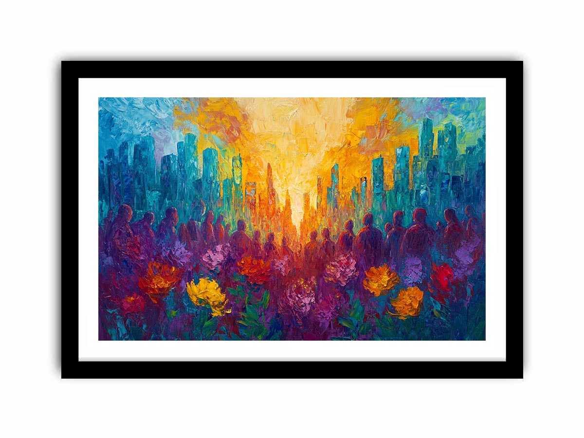 Colorful cityscape floral Canvas Print with silhouettes