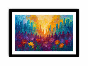 Colorful cityscape floral Canvas Print with silhouettes