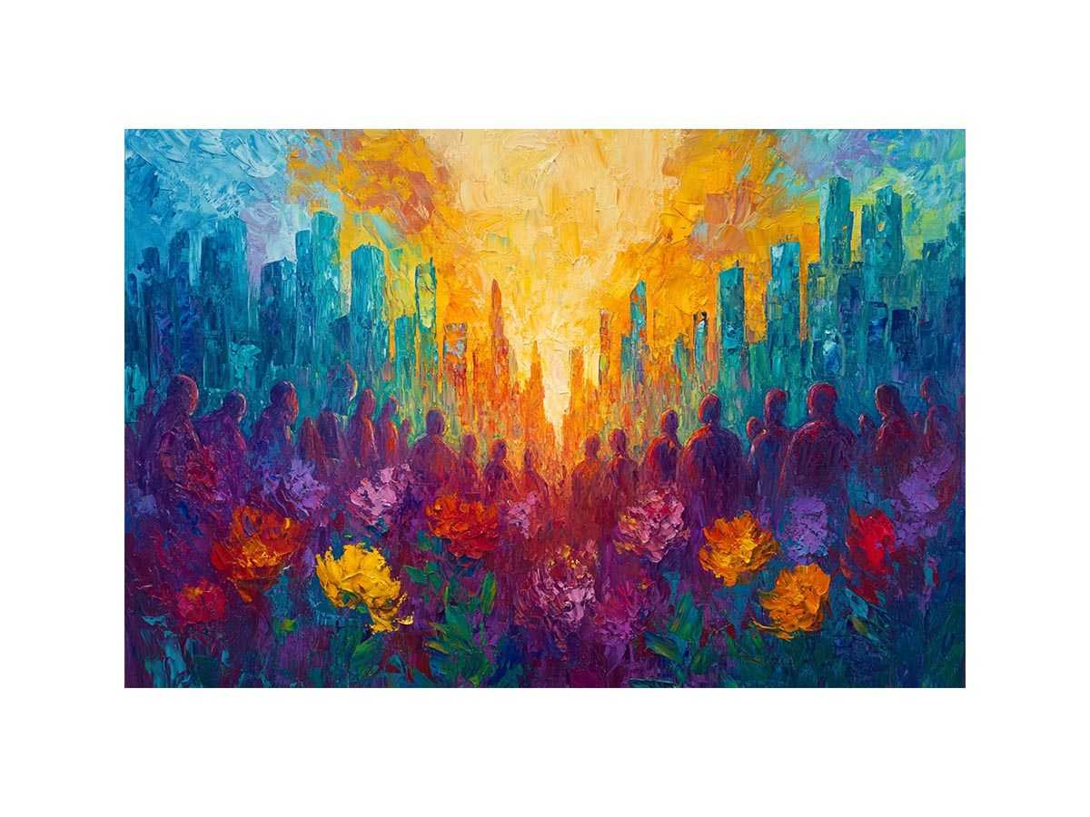Colorful cityscape floral Canvas Print with silhouettes