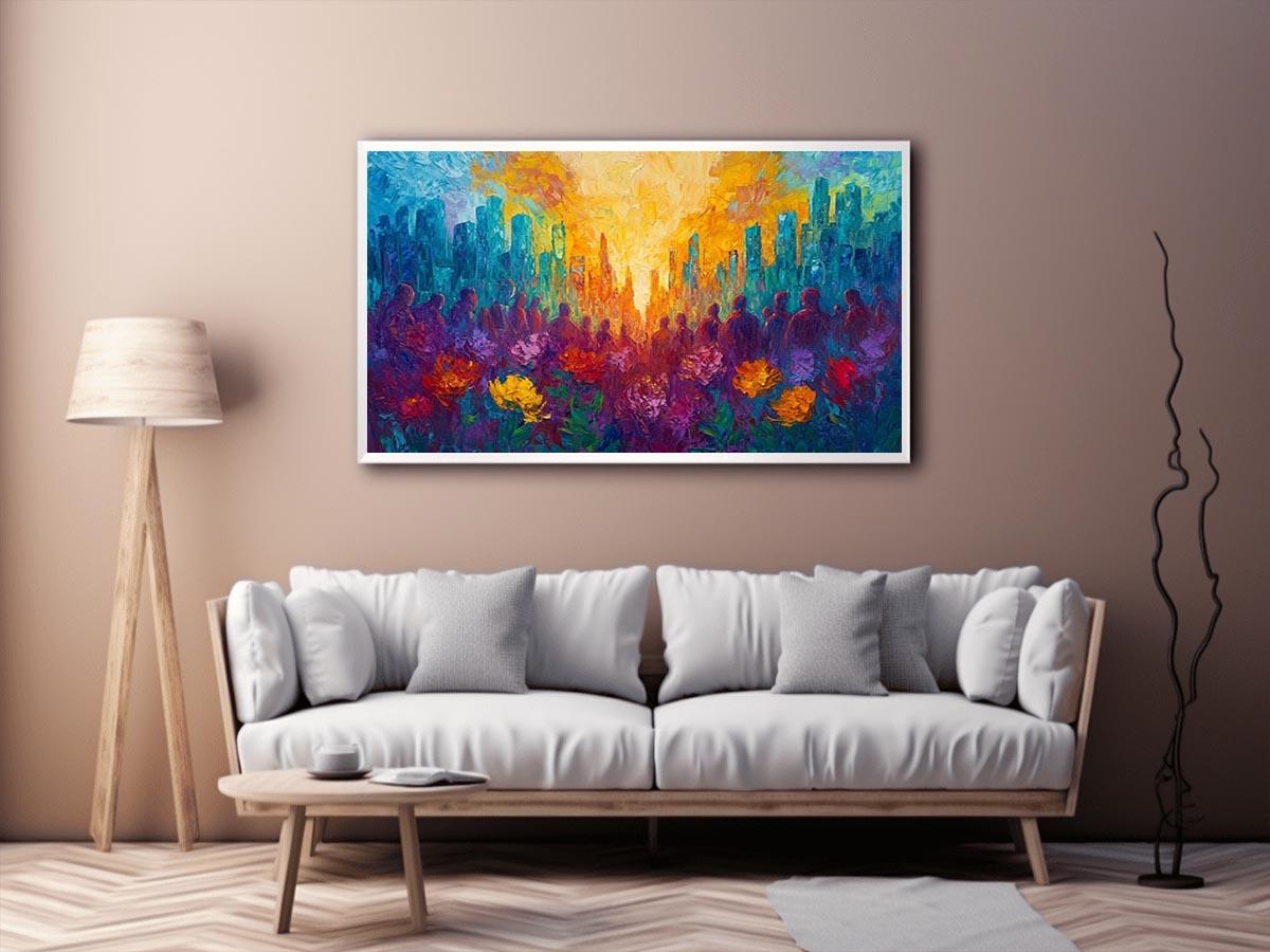 Colorful cityscape floral Canvas Print with silhouettes