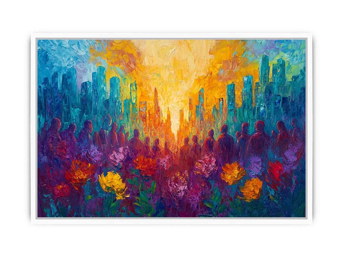 Colorful cityscape floral Canvas Print with silhouettes