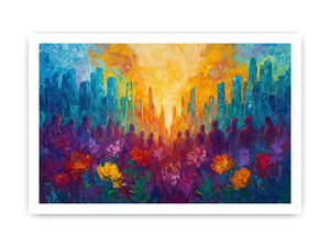Colorful cityscape floral Canvas Print with silhouettes