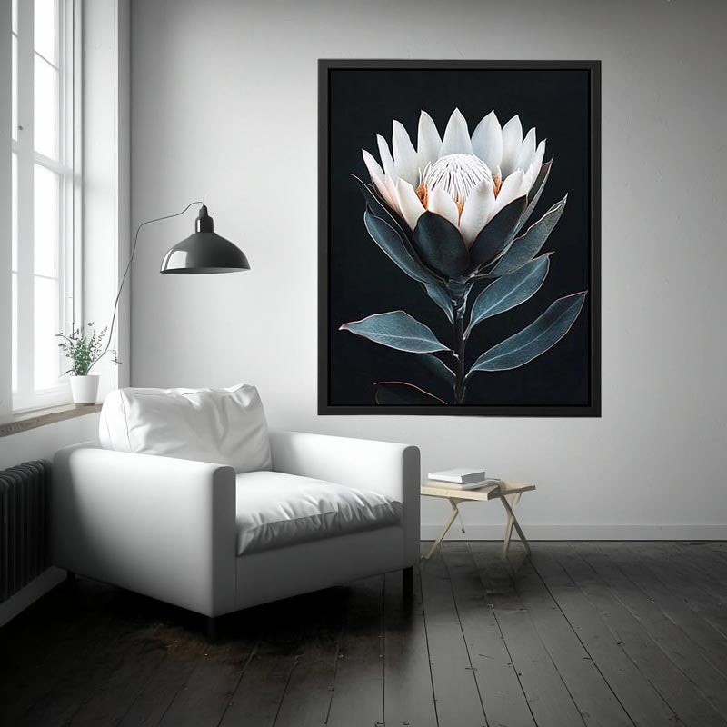 White protea flower artwork with minimalist botanical style