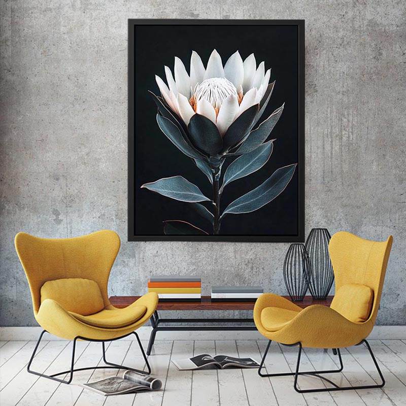 White protea flower artwork with minimalist botanical style
