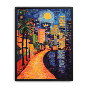Colorful moonlit city waterfront artwork