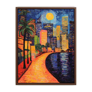 Colorful moonlit city waterfront artwork