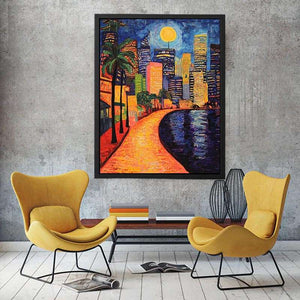 Colorful moonlit city waterfront artwork
