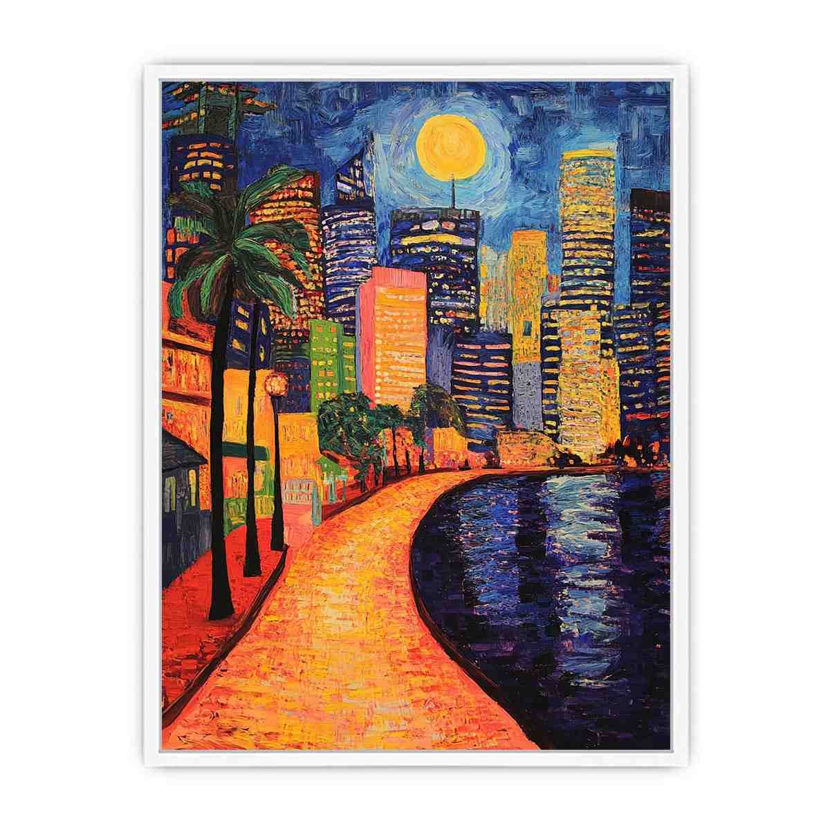 Colorful moonlit city waterfront artwork
