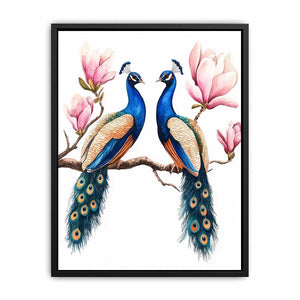 Peacock pair with pink blossoms artwork