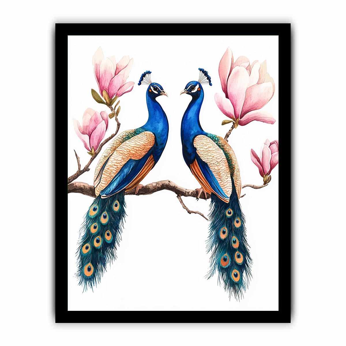 Peacock pair with pink blossoms artwork