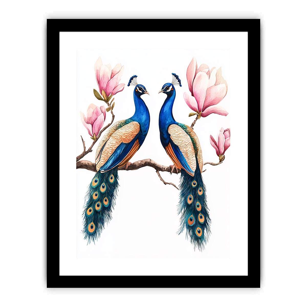 Peacock pair with pink blossoms artwork