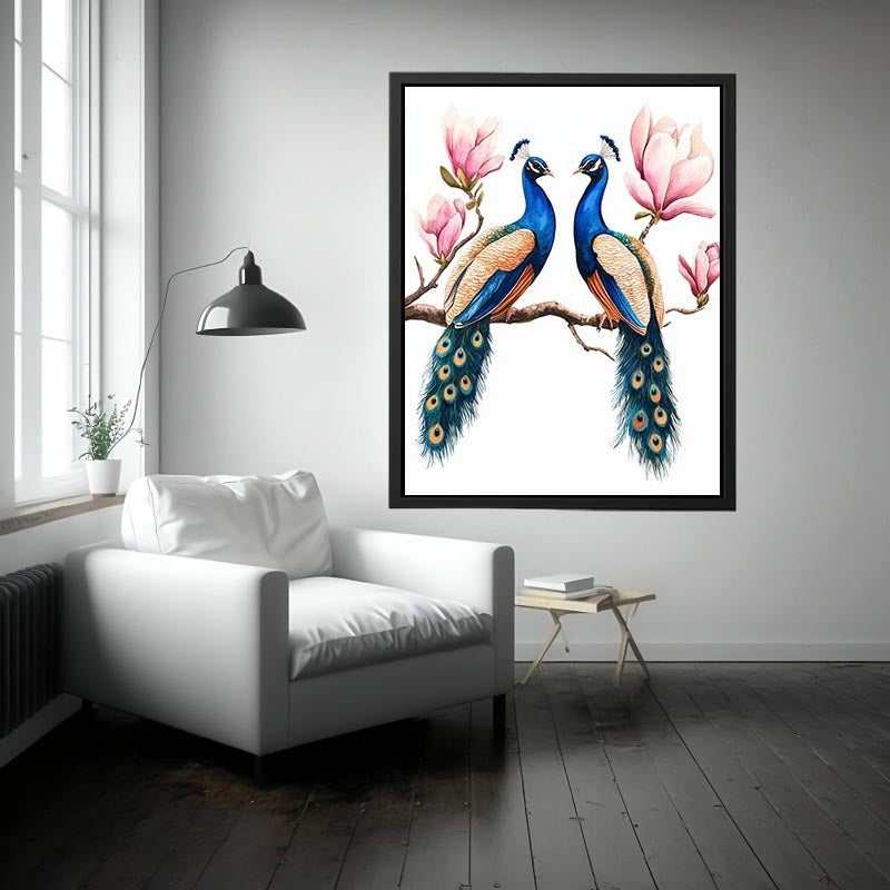 Peacock pair with pink blossoms artwork