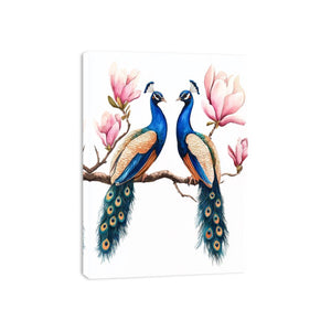 Peacock pair with pink blossoms artwork