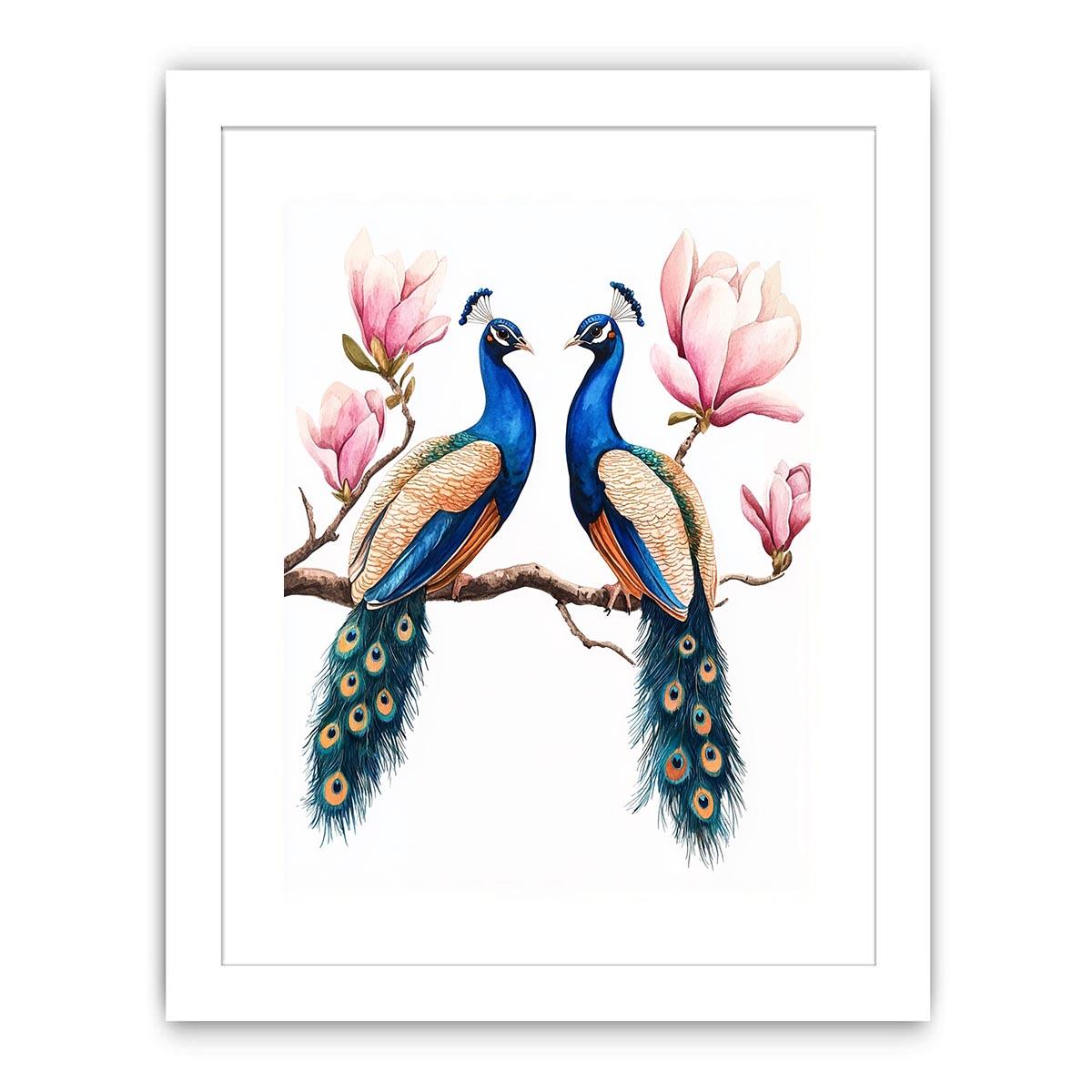 Peacock pair with pink blossoms artwork