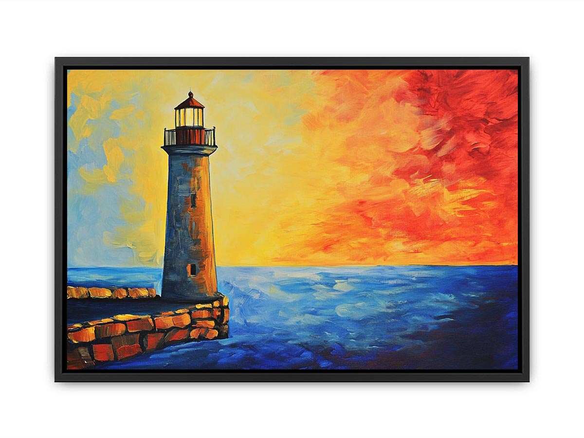 Coastal lighthouse Canvas Print with red sunset sky and blue ocean