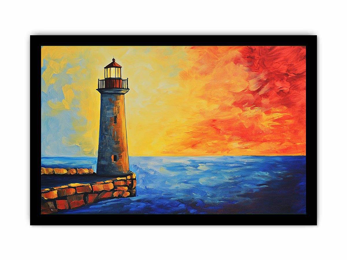 Coastal lighthouse Canvas Print with red sunset sky and blue ocean