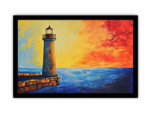 Coastal lighthouse Canvas Print with red sunset sky and blue ocean