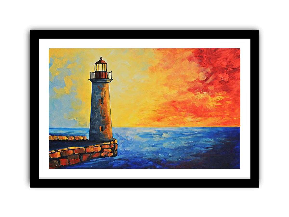 Coastal lighthouse Canvas Print with red sunset sky and blue ocean