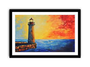 Coastal lighthouse Canvas Print with red sunset sky and blue ocean