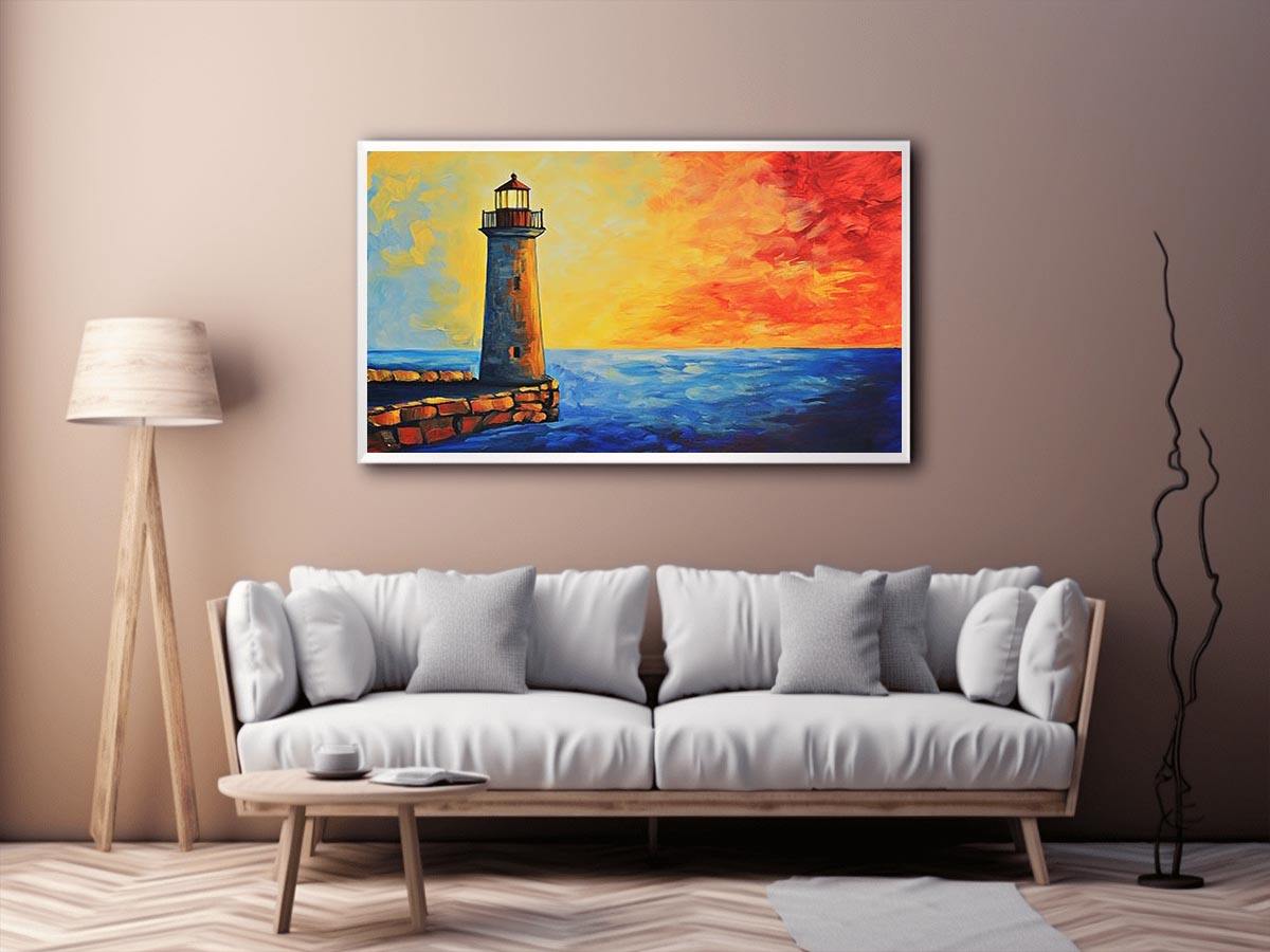 Coastal lighthouse Canvas Print with red sunset sky and blue ocean