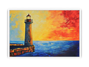 Coastal lighthouse Canvas Print with red sunset sky and blue ocean