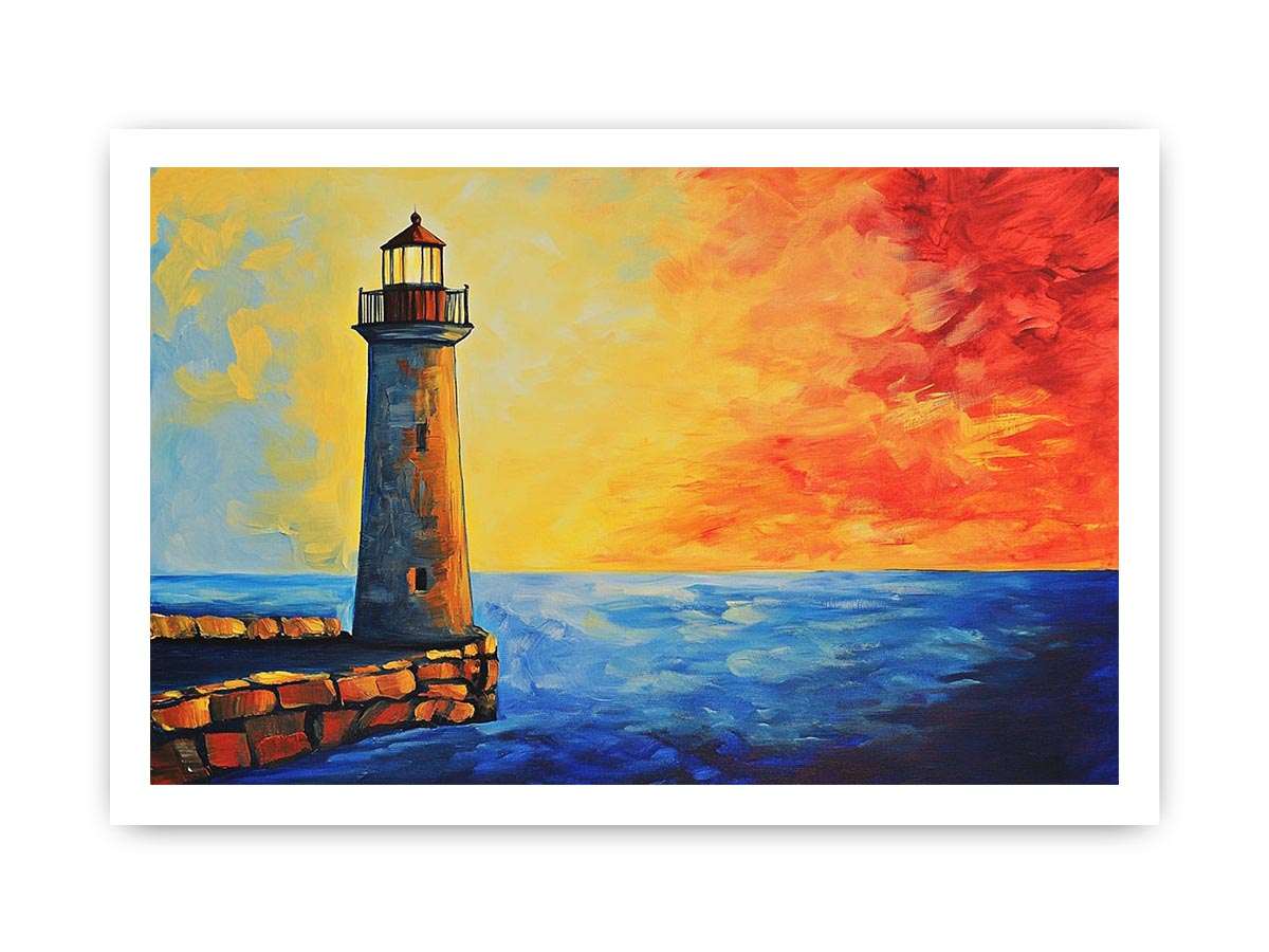 Coastal lighthouse Canvas Print with red sunset sky and blue ocean