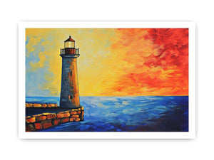 Coastal lighthouse Canvas Print with red sunset sky and blue ocean