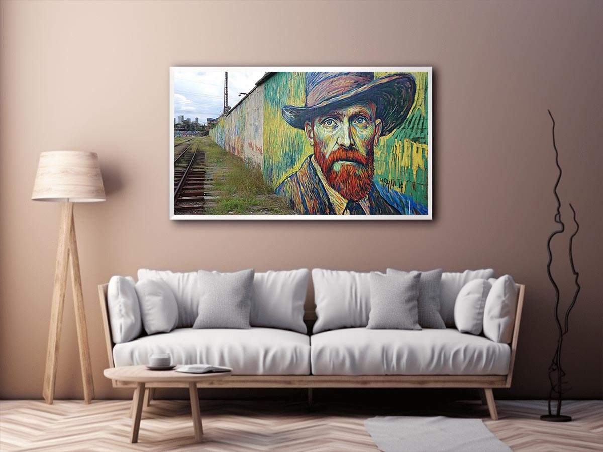 Colorful expressionist portrait mural artwork for creative office decor.