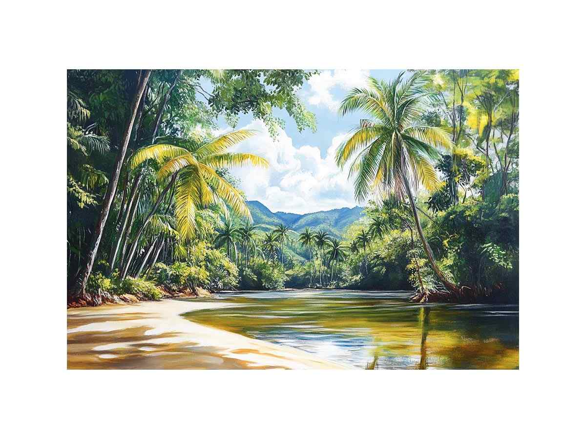 Tropical river landscape artwork with palm trees for relaxing decor.