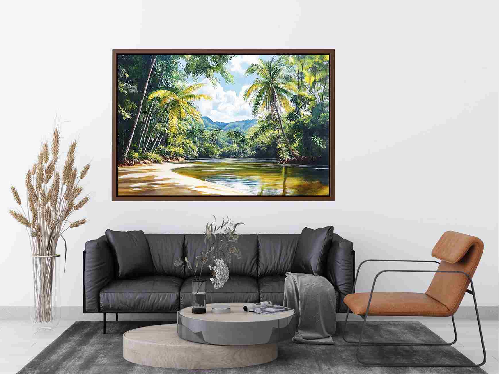 Tropical river landscape artwork with palm trees for relaxing decor.